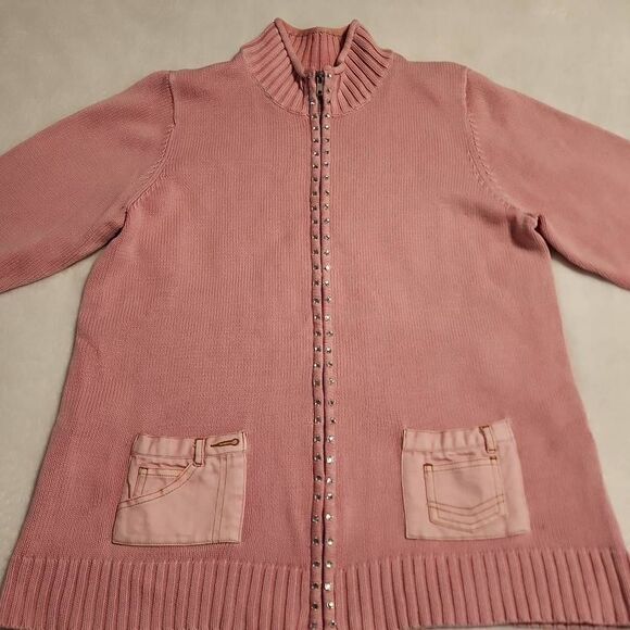 Quacker Factory Pink Zip Front Cardigan Rhinestone Embellished Denim Pockets Siz - Picture 1 of 9